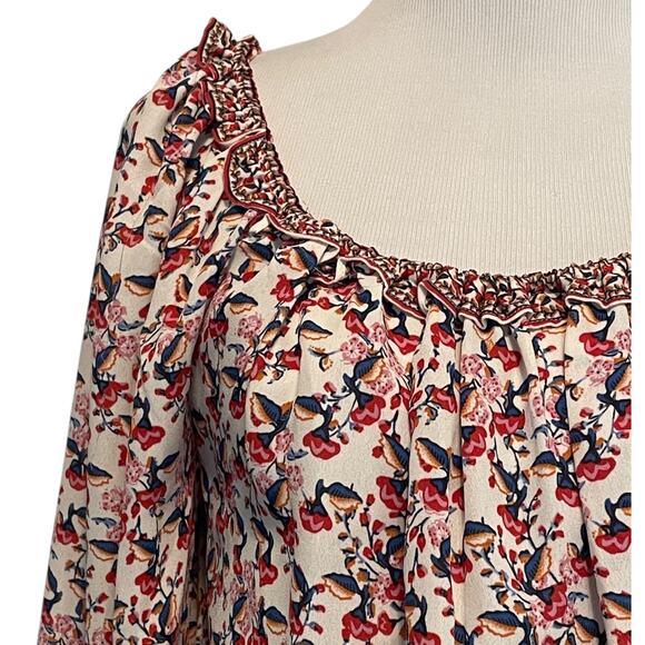 Max Studio Floral Blouse Womens Large Cream Red Smocked Waist Peplum Top - Picture 4 of 12